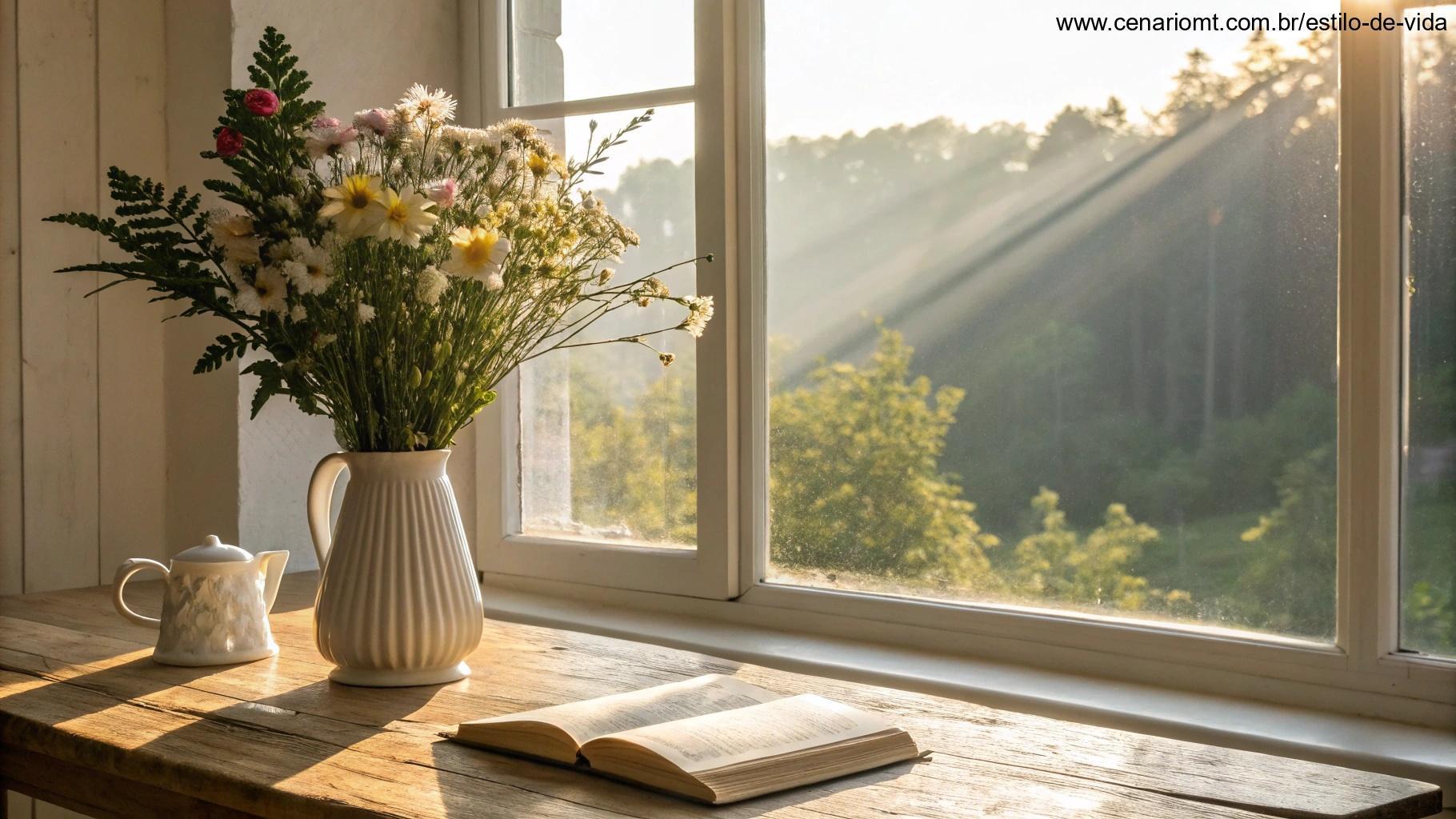 Imagem de uma cena pacífica de manhã, com luz suave entrando pela janela e sombras delicadas sobre uma mesa de madeira limpa, um vaso com flores frescas e um livro.