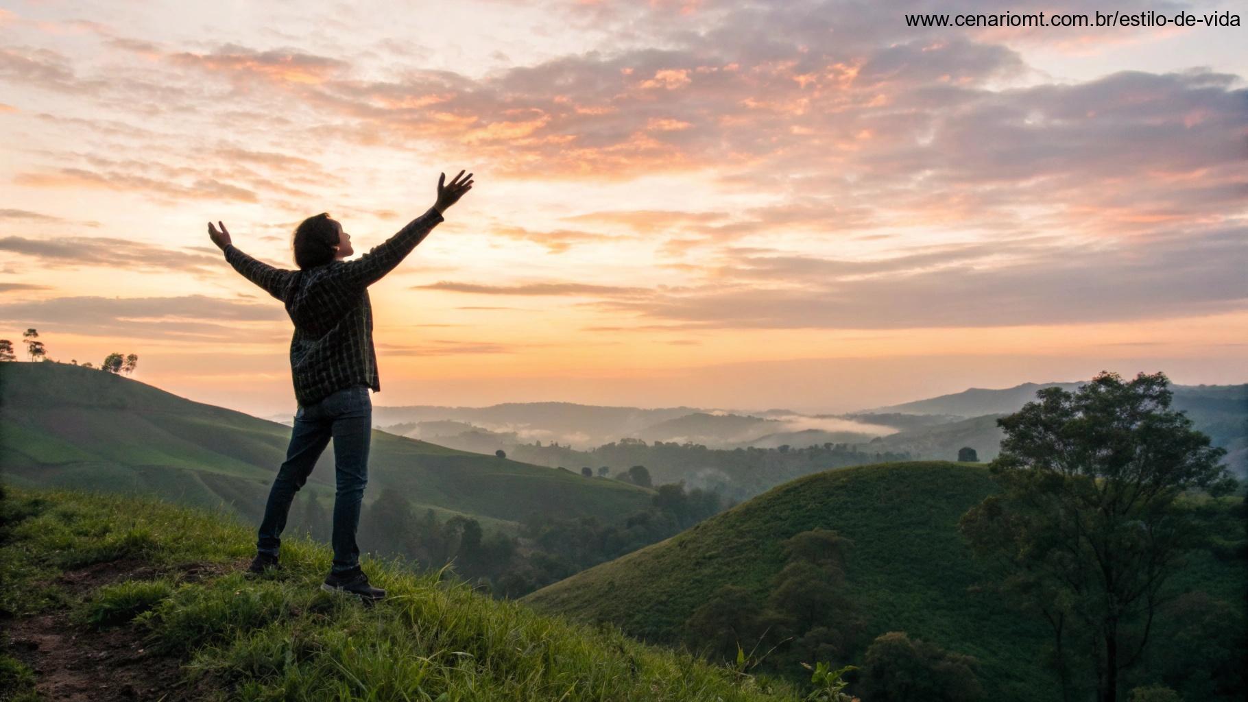 Pessoa de pé no topo de uma colina com os braços erguidos em direção ao céu, sentindo fé e esperança com o nascer do sol.