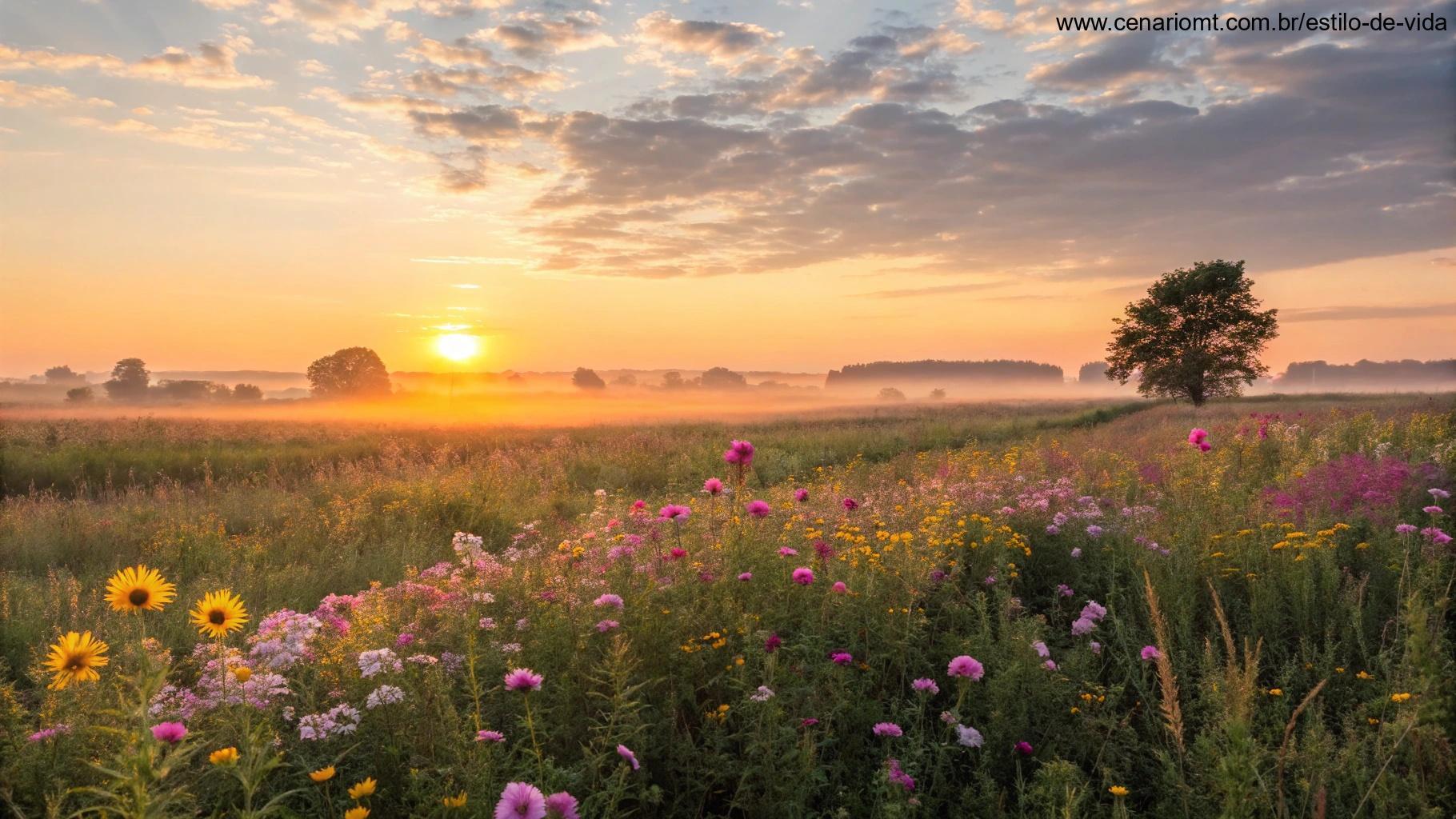 Cenário tranquilo de manhã com o sol dourado iluminando um campo de flores.