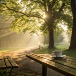 Manhã serena de março com raios dourados de sol, árvores verdes e uma xícara de café sobre uma mesa de madeira.