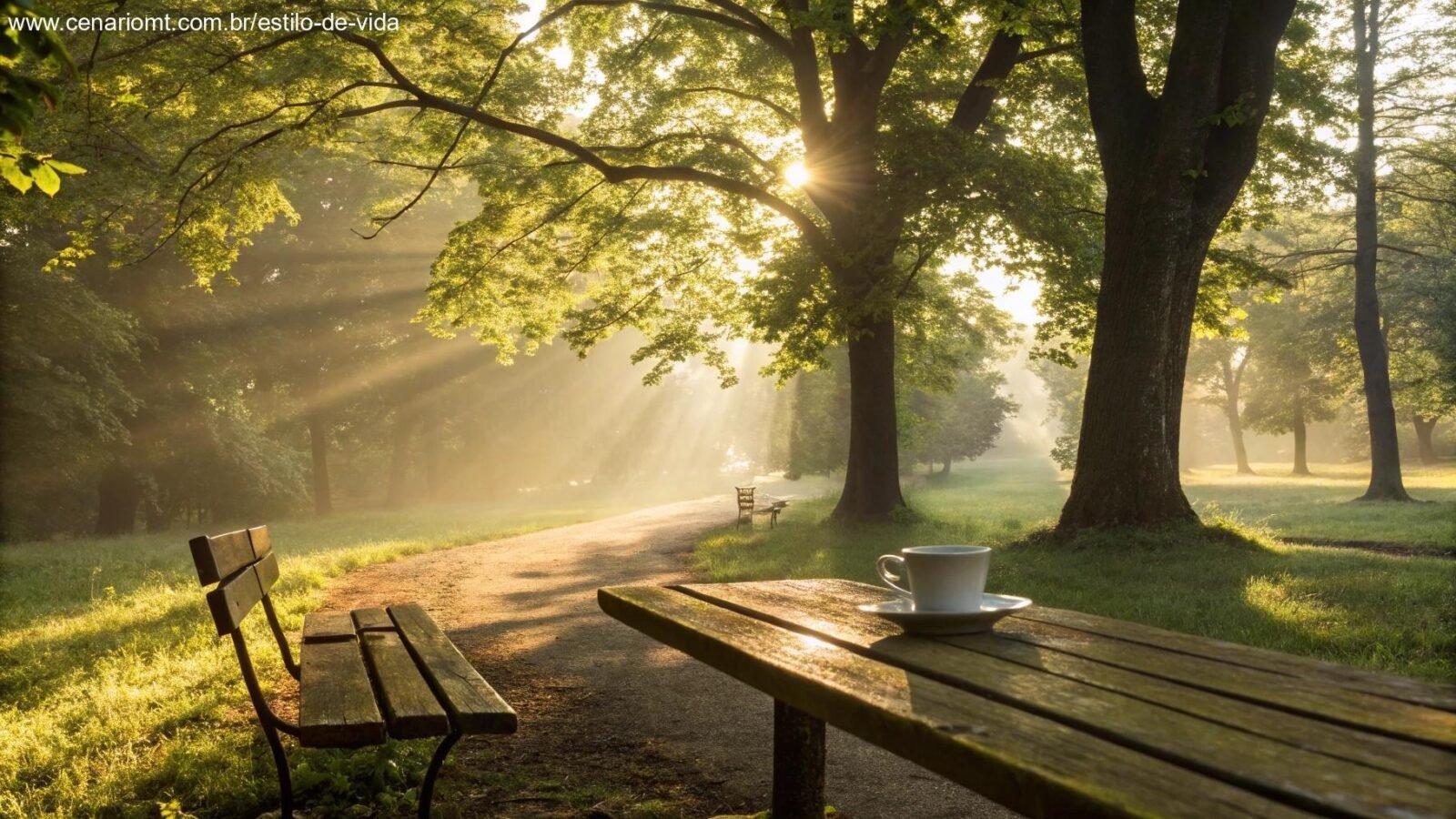Manhã serena de março com raios dourados de sol, árvores verdes e uma xícara de café sobre uma mesa de madeira.