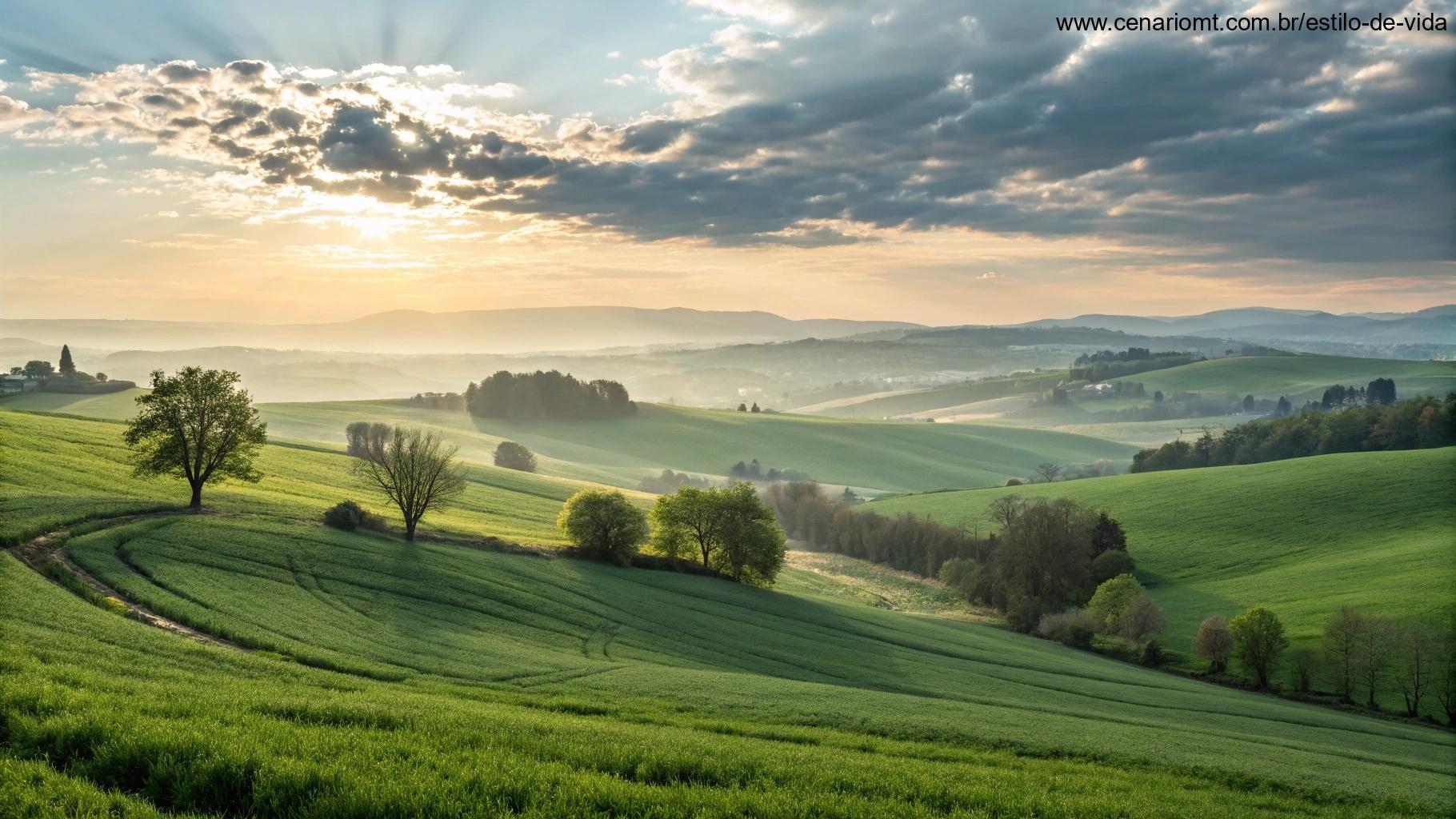 Uma manhã tranquila e inspiradora com luz suave e campos verdes exuberantes, dando boas-vindas ao início de uma nova jornada em março.