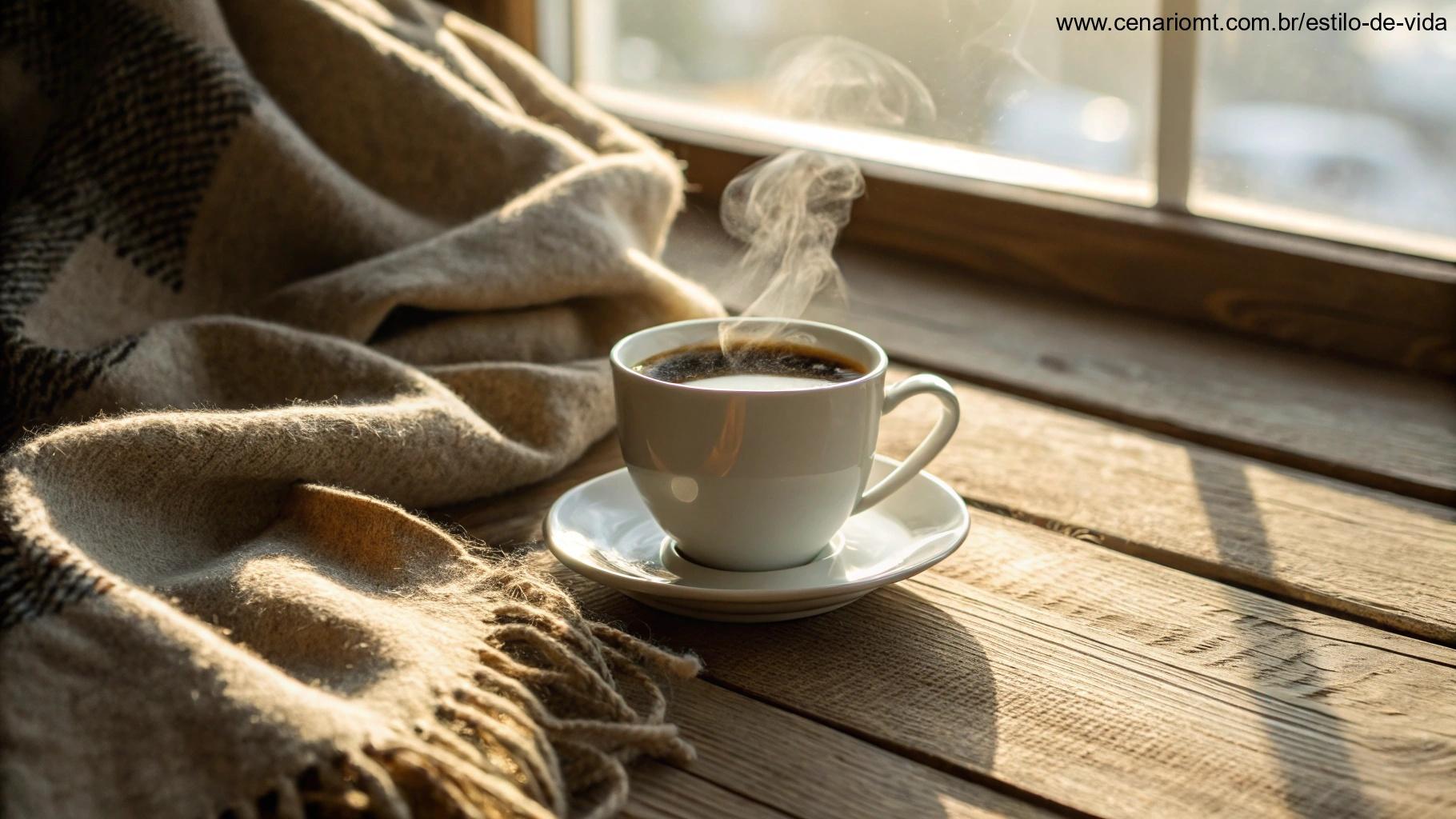 Cena de manhã aconchegante com xícara de café e luz suave.