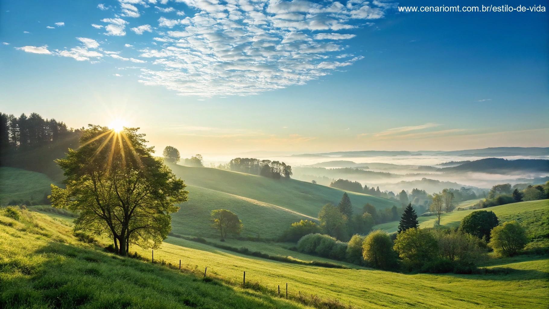 Cenário vibrante de manhã com céu azul claro e o sol nascendo sobre uma paisagem linda.