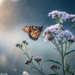 Borboleta pousada em uma flor delicada, rodeada por uma luz suave e etérea, simbolizando transformação e renovação espiritual.