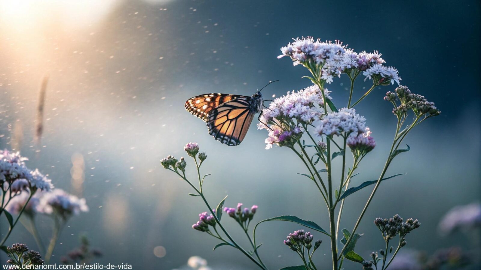 Borboleta pousada em uma flor delicada, rodeada por uma luz suave e etérea, simbolizando transformação e renovação espiritual.