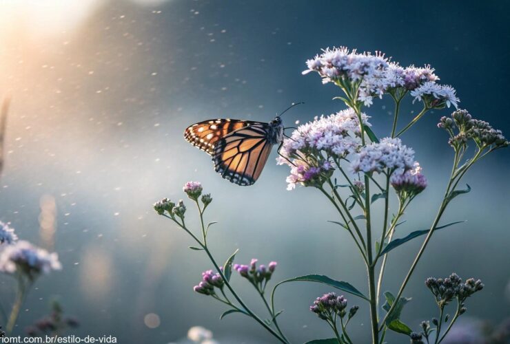 Borboleta pousada em uma flor delicada, rodeada por uma luz suave e etérea, simbolizando transformação e renovação espiritual.