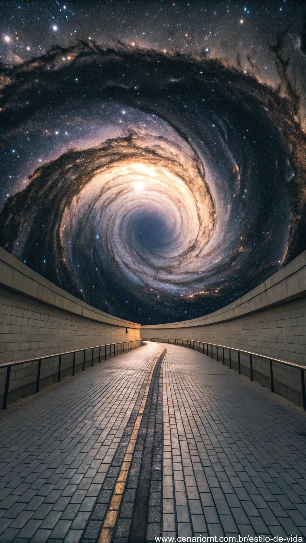Imagem surreal de uma viagem no tempo com um buraco negro como portal.