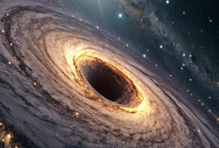 Imagem de um buraco negro com um disco de acreção brilhante e distorções gravitacionais.