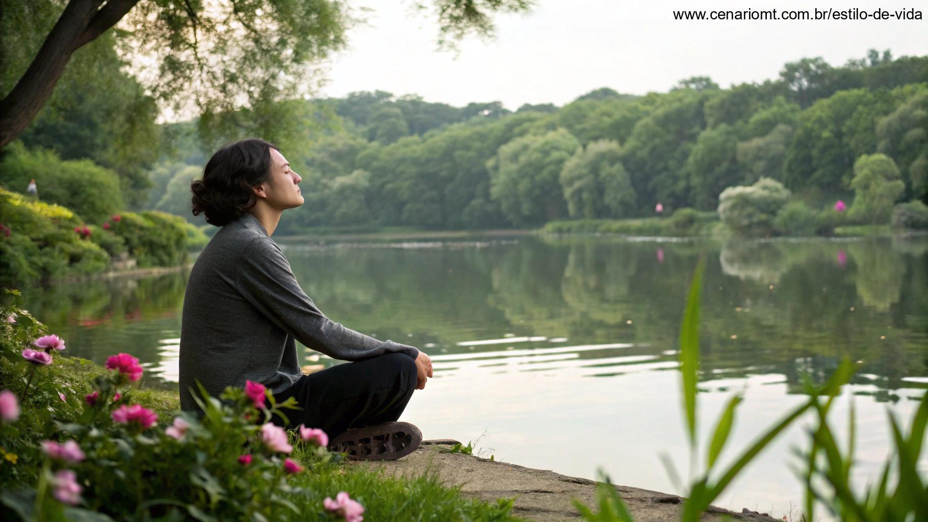 Pessoa sentada tranquilamente à beira de um lago calmo, com os olhos fechados e em uma pose meditativa, rodeada pela natureza.