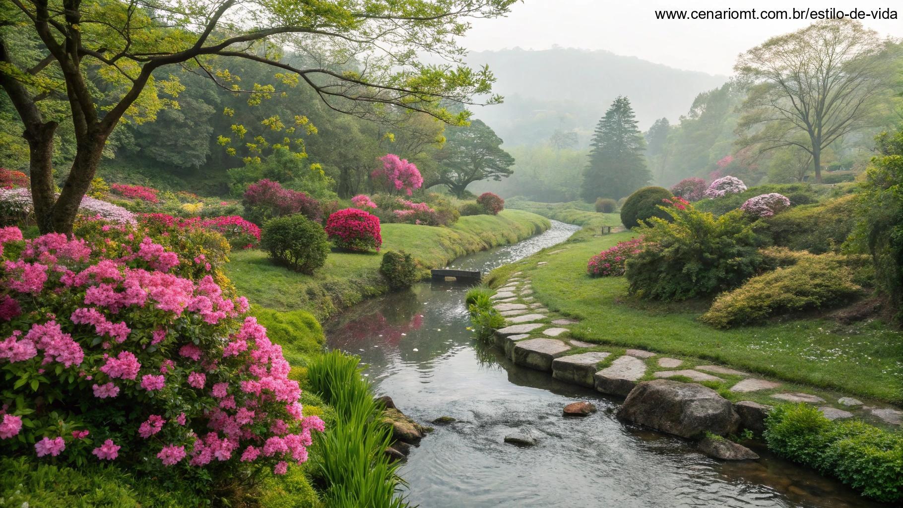 Jardim tranquilo com flores desabrochando e um pequeno riacho passando, evocando serenidade e conexão com a natureza.