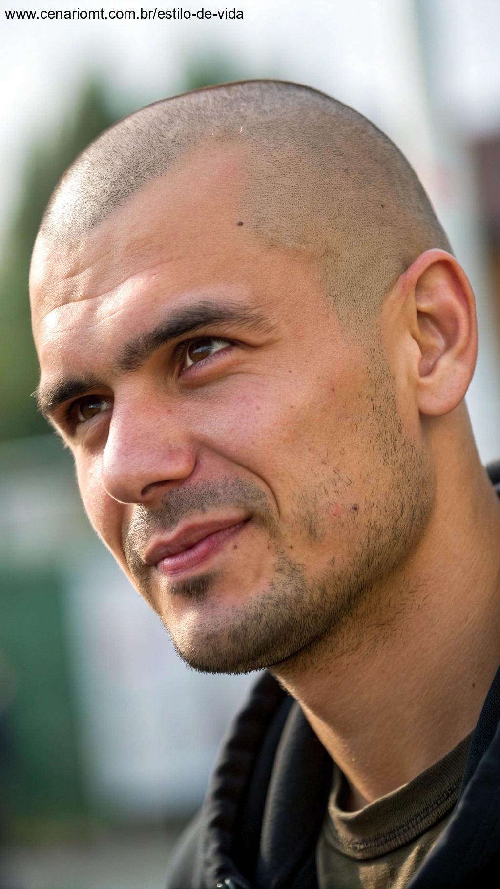 Homem com corte buzz cut uniforme e estiloso.