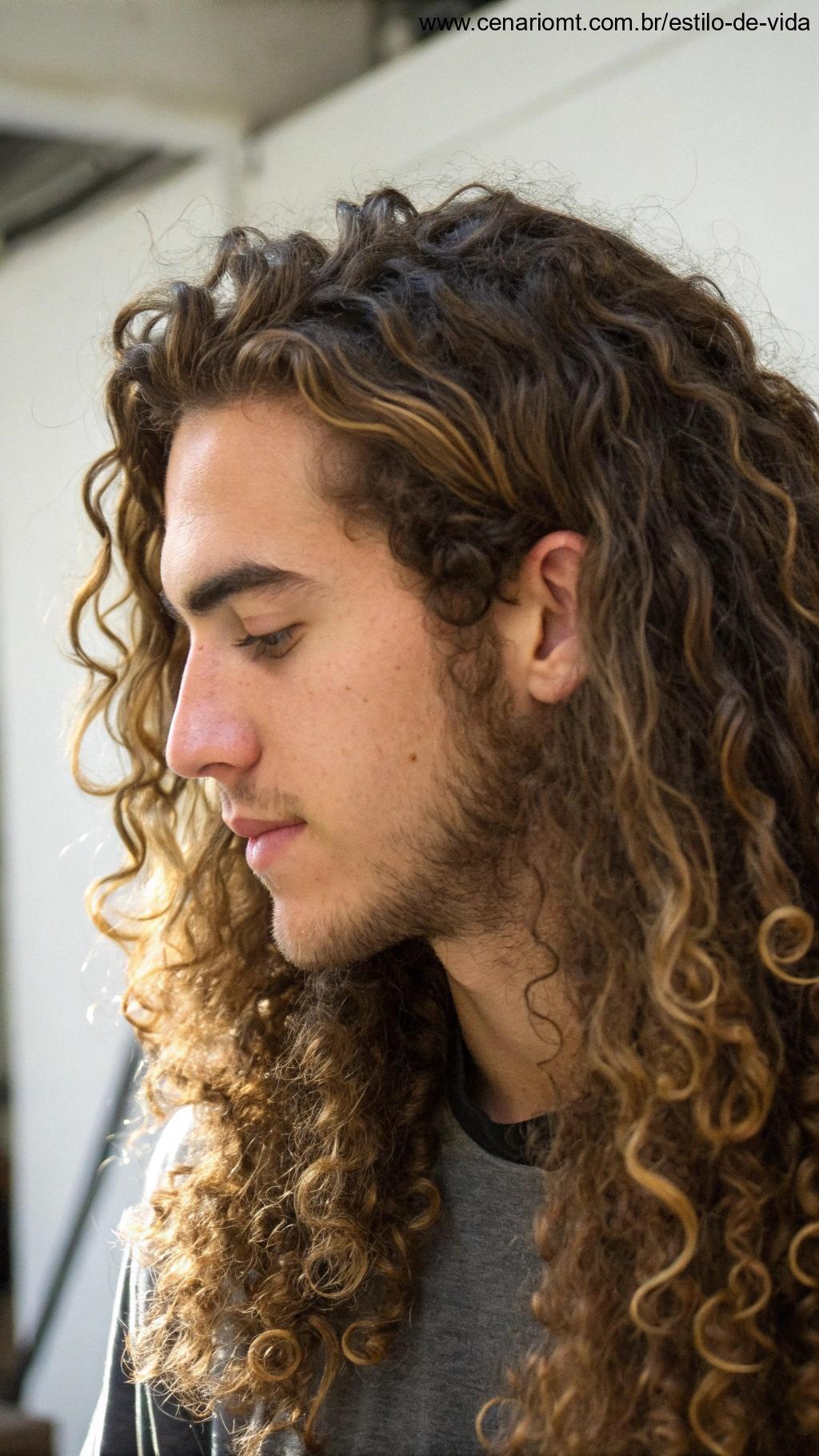 Homem com cabelo cacheado longo e volumoso