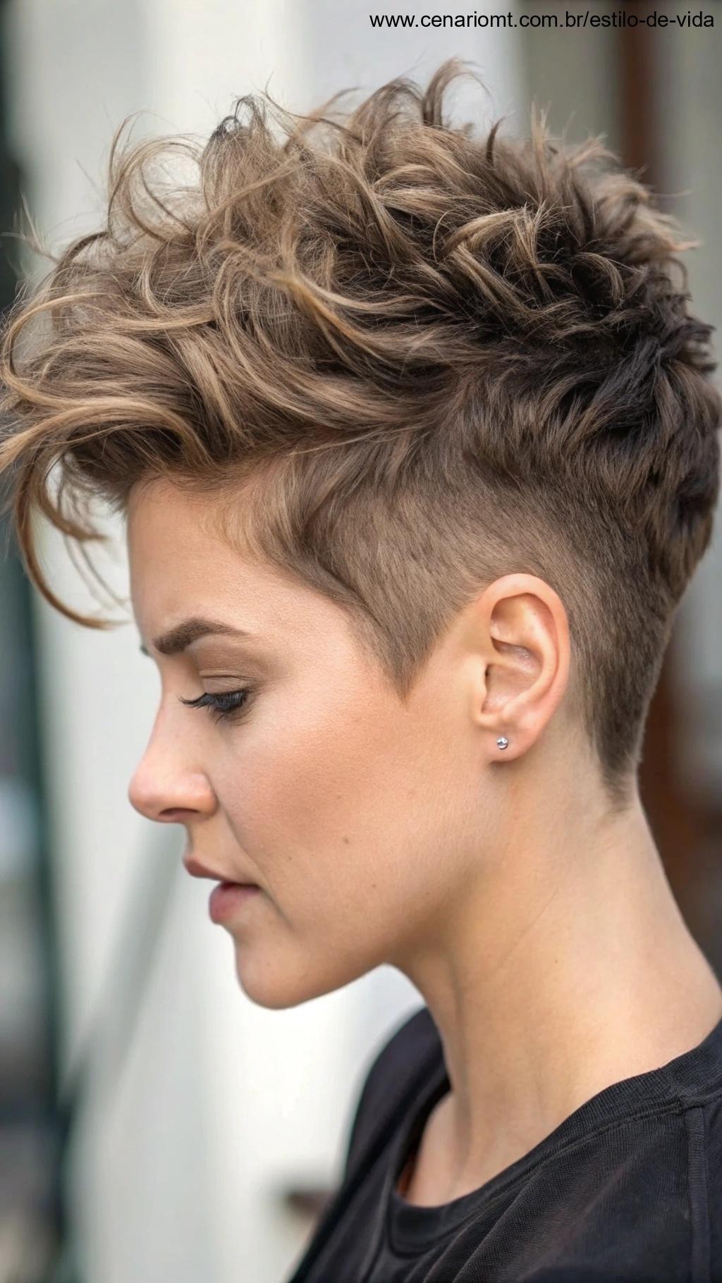 Cabelo curto com textura, criando um visual despojado e moderno.