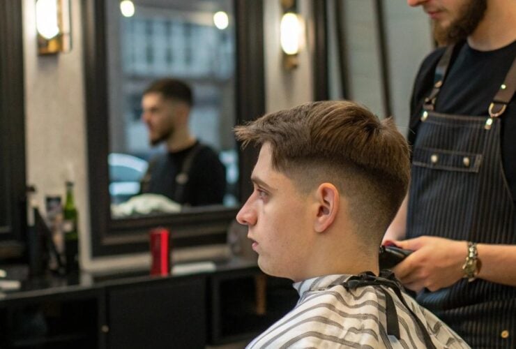 Homem em barbearia decidindo entre cabelo curto ou longo