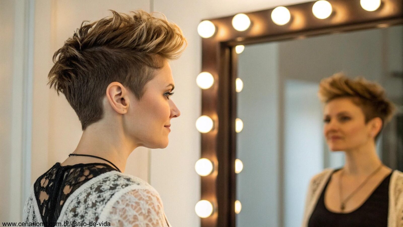Mulher estilosa com cabelo curto exibindo as últimas tendências de cortes de cabelo curtos para 2025
