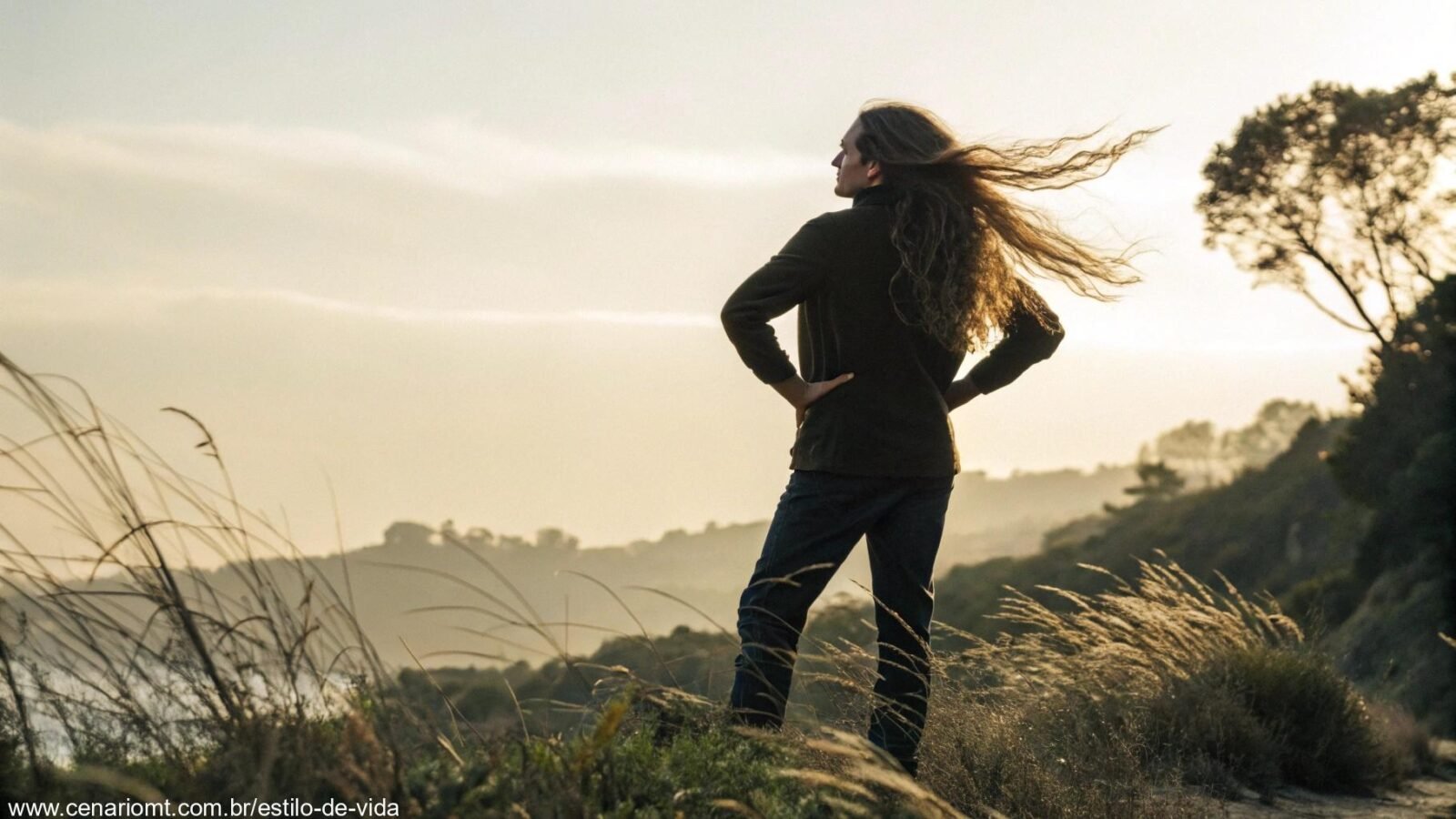 Pessoa com cabelo longo, em um ambiente natural, transmitindo confiança e estilo.