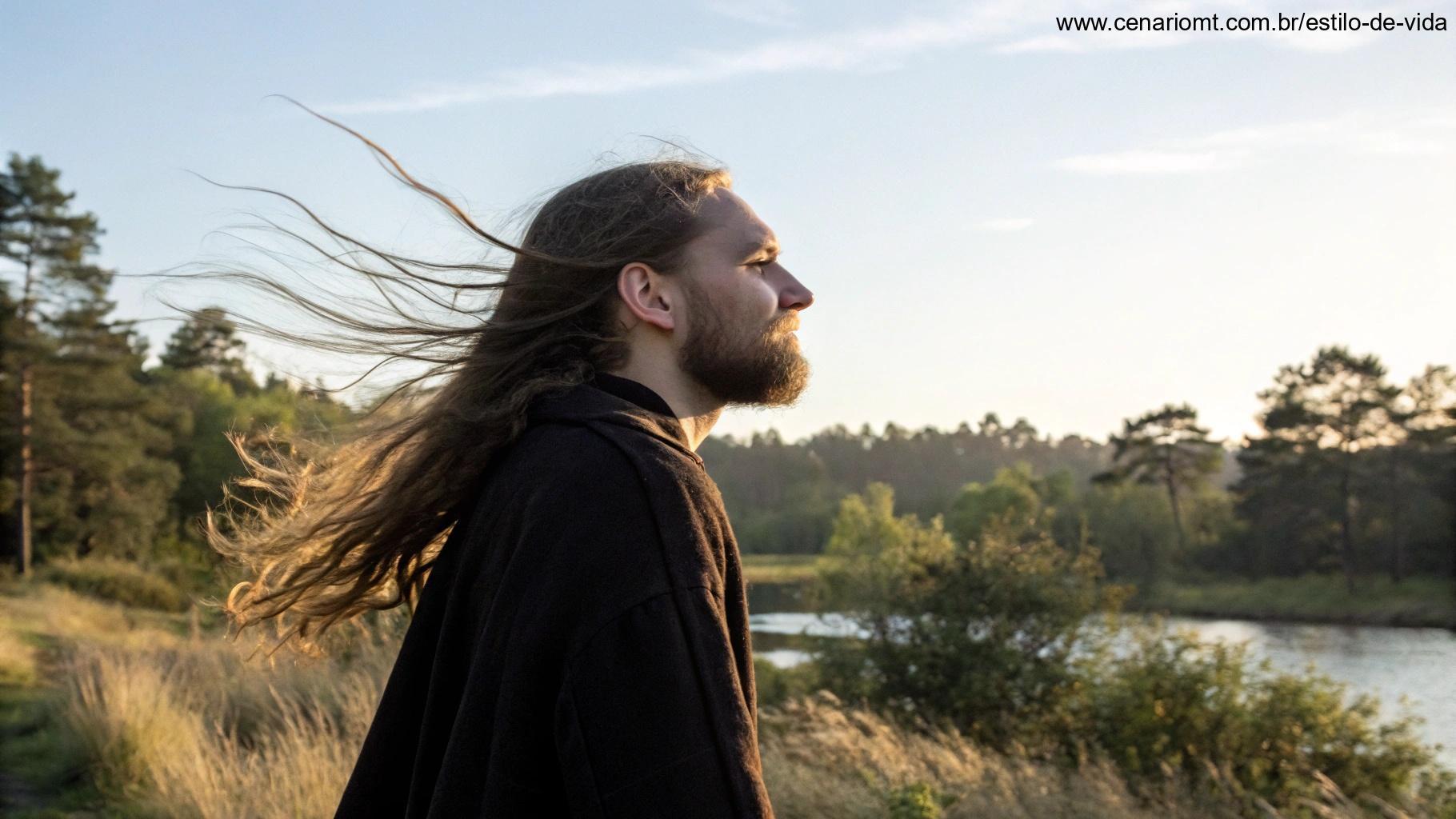 Homem com cabelo longo e fluido, em um cenário natural, transmitindo um estilo audacioso