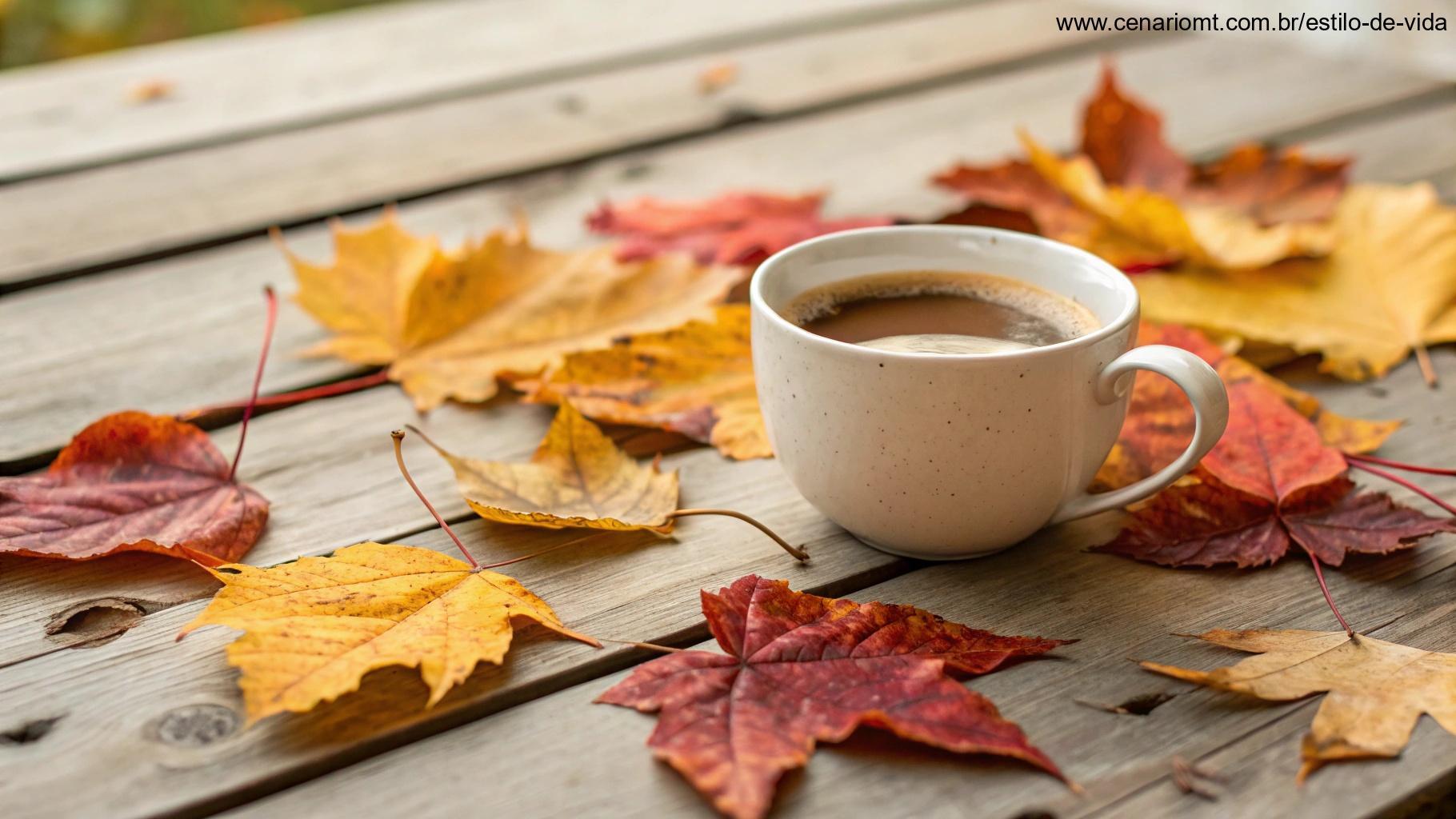Copo de café quente em uma mesa de madeira cercado por folhas de outono