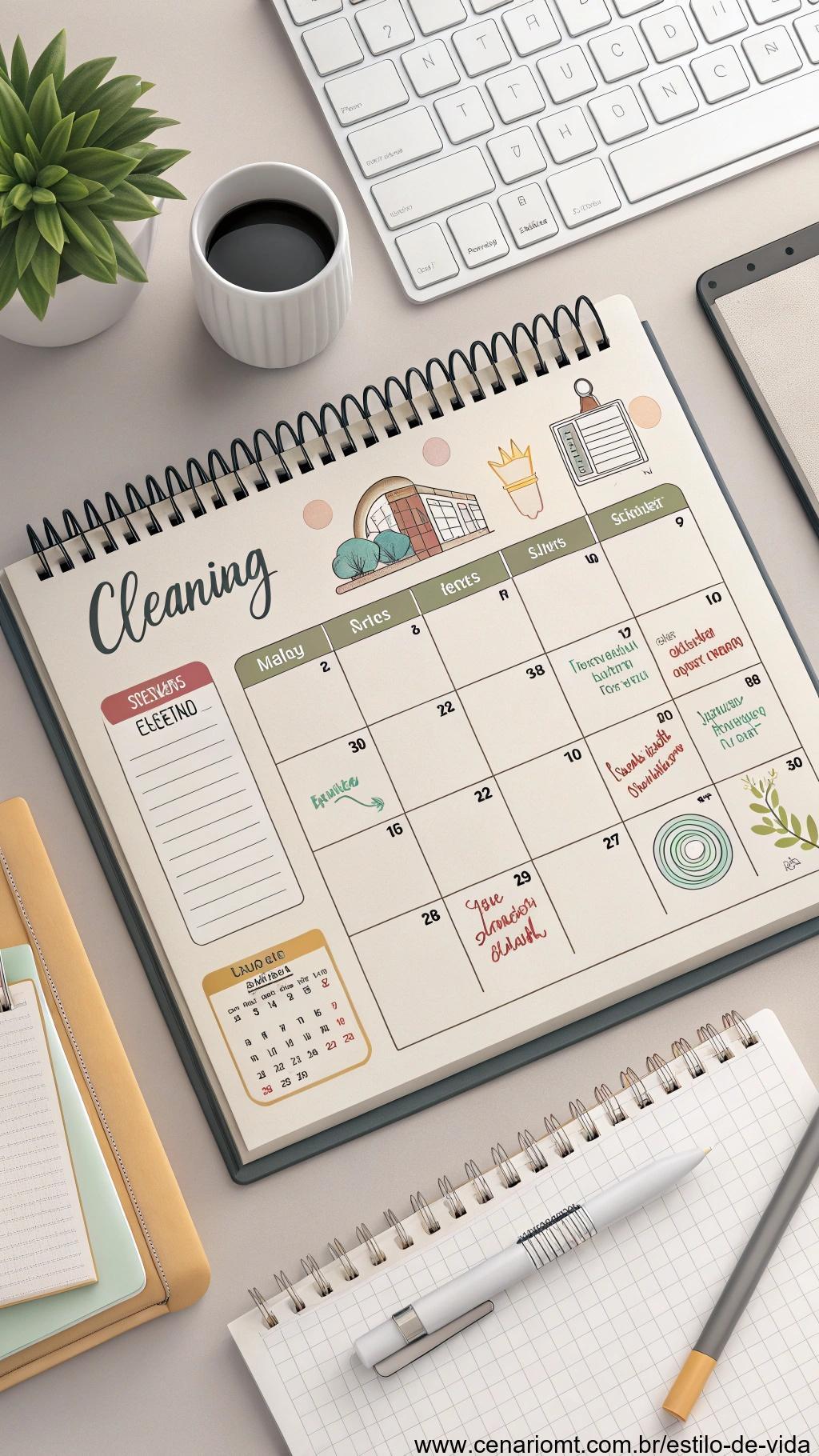 calendário com tarefas de limpeza e metas de organização em um planejador sobre uma mesa