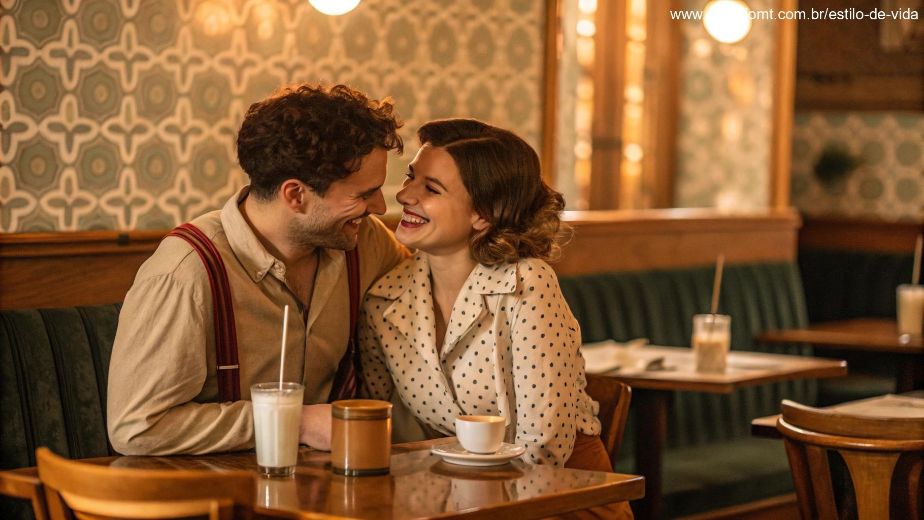 Casal em um café vintage trocando olhares enquanto um faz uma cantada clássica