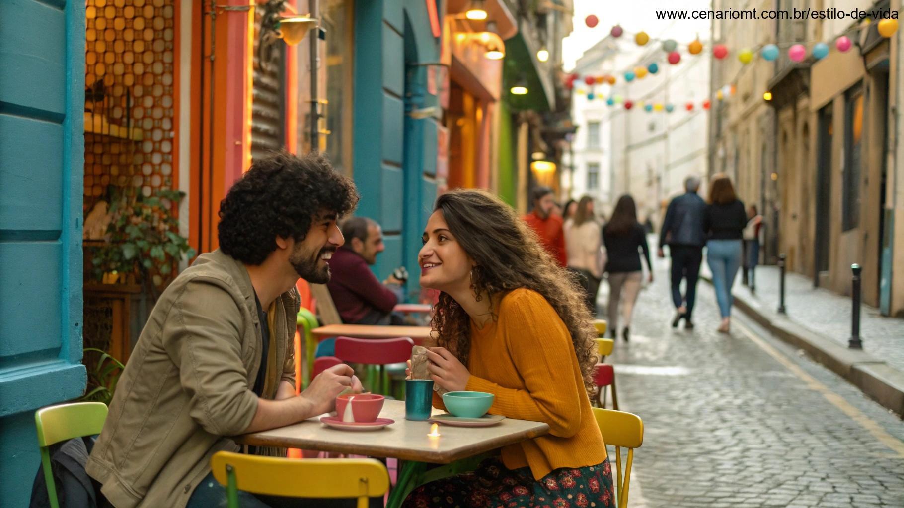Casal brincando em um café decorado de forma divertida.