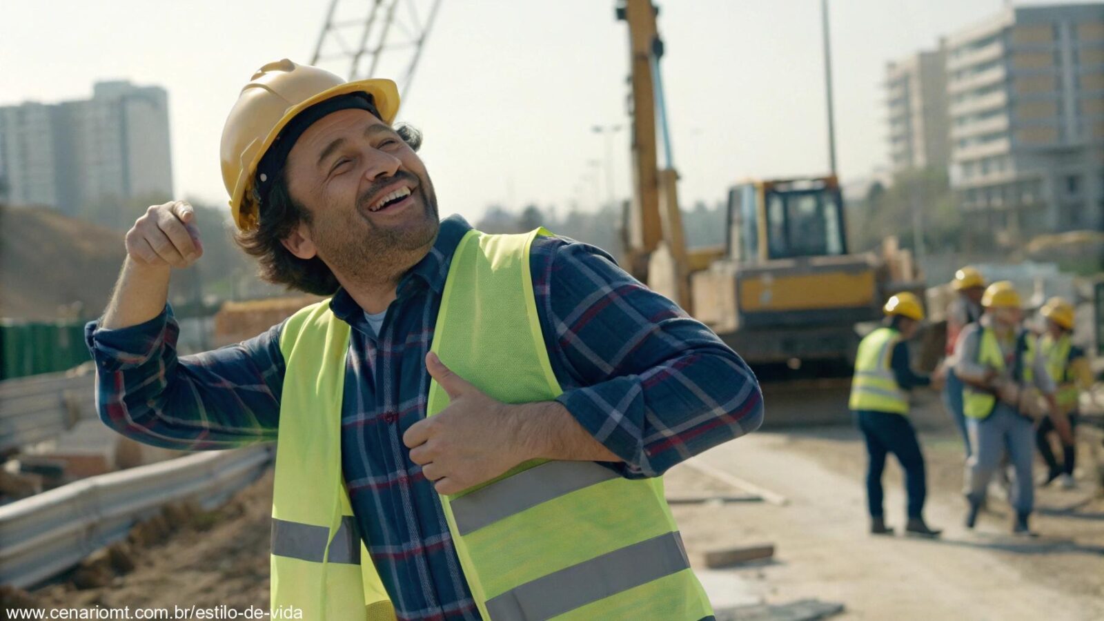 Pedreiro sorridente em um canteiro de obras fazendo uma cantada exagerada