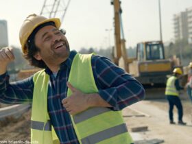 Pedreiro sorridente em um canteiro de obras fazendo uma cantada exagerada