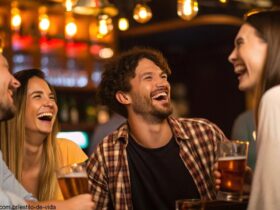 Grupo de amigos rindo em um bar enquanto alguém conta uma cantada engraçada