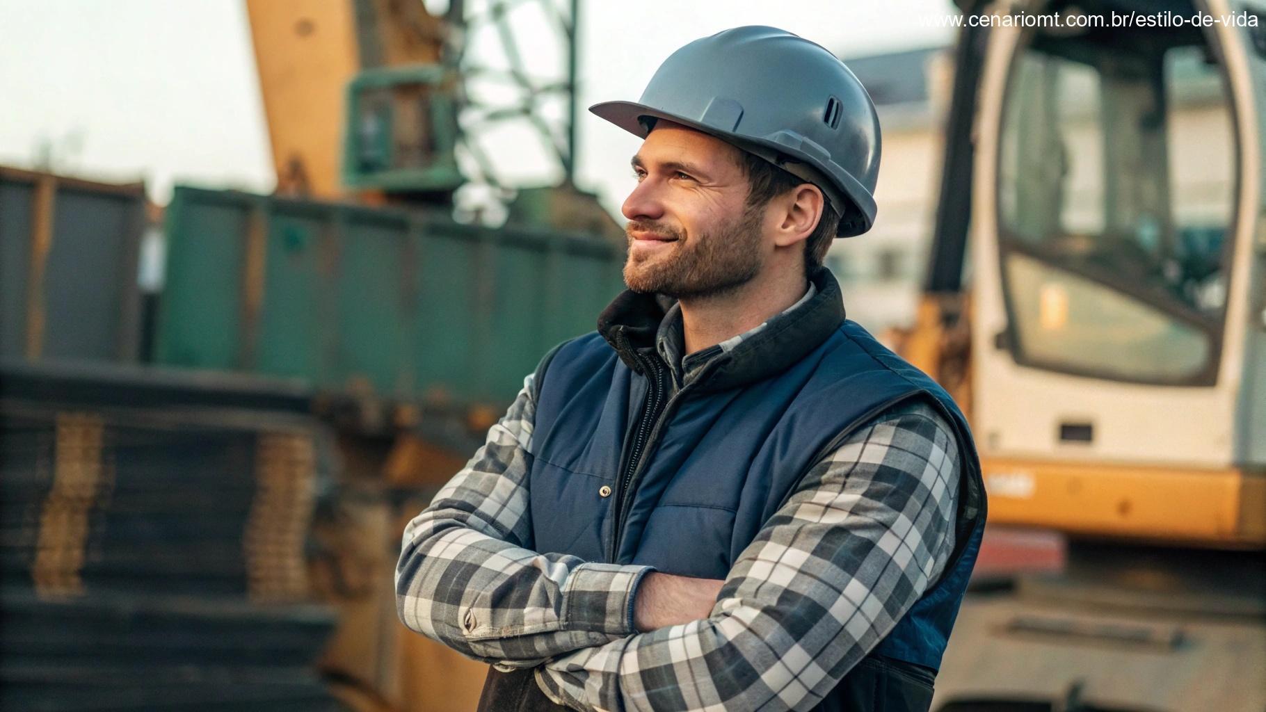 Pedreiro moderno em um canteiro de obras fazendo uma cantada esperta