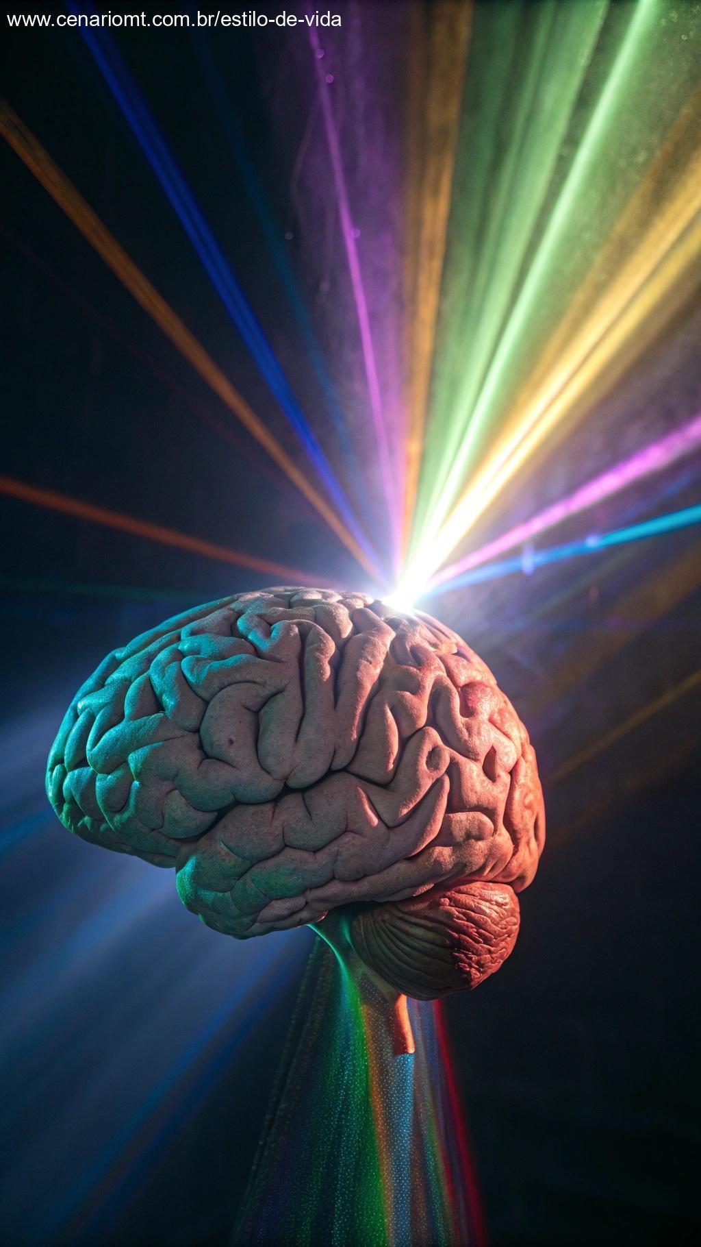 Representação abstrata da percepção além dos sentidos humanos, com um cérebro rodeado por cores mutáveis e raios de luz.