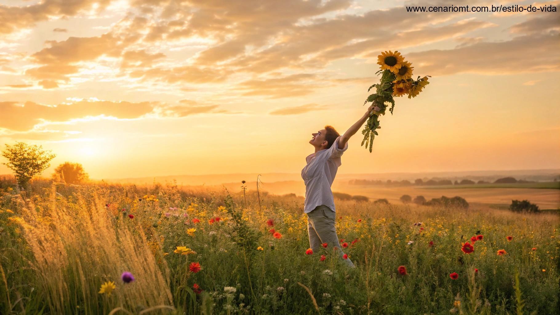 Imagem com pessoa segurando um buquê de girassóis sob o sol nascente, transmitindo carinho e positividade.