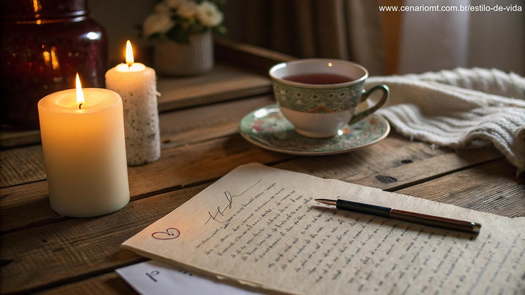 Cena tranquila de um quarto iluminado por velas com luz suave, uma carta escrita à mão e uma xícara de chá quente, simbolizando 'Carinho que Ilumina a Quarta-Feira'