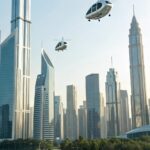 Cidade futurista com carros voadores no céu, destacando tecnologia de mobilidade avançada.