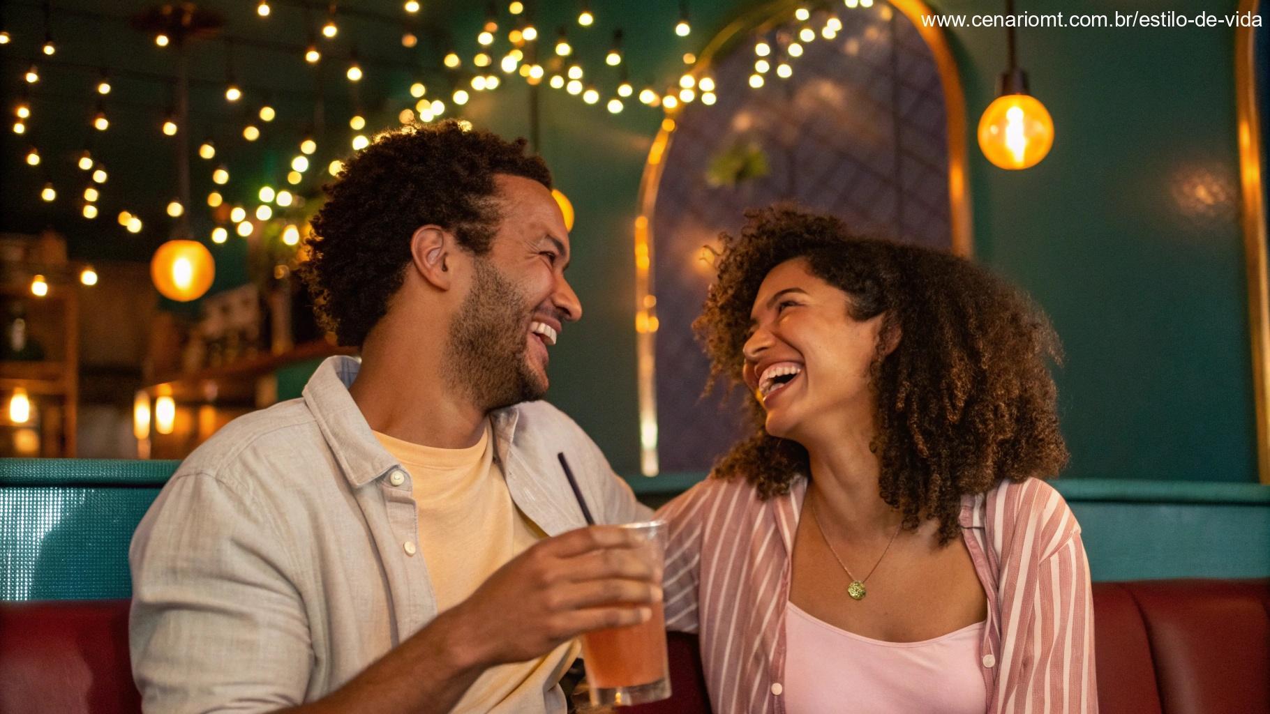 Casal rindo juntos em um bar descontraído
