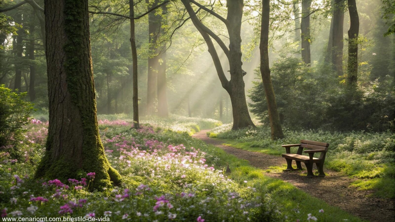 Cenário de natureza tranquila com luz suave filtrada pelas árvores.