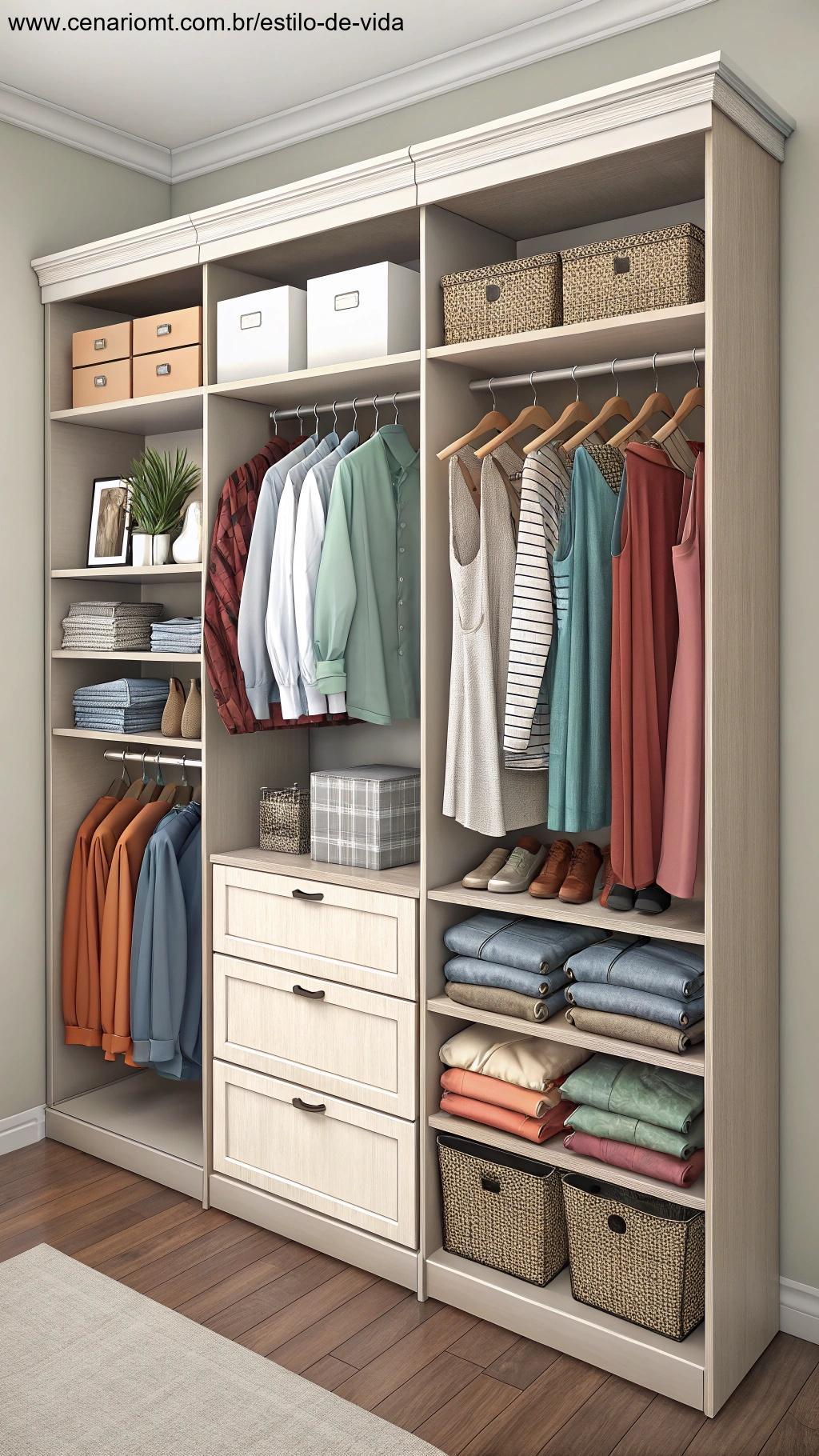 um closet organizado com roupas dispostas por cor e tipo, prateleiras e gavetas