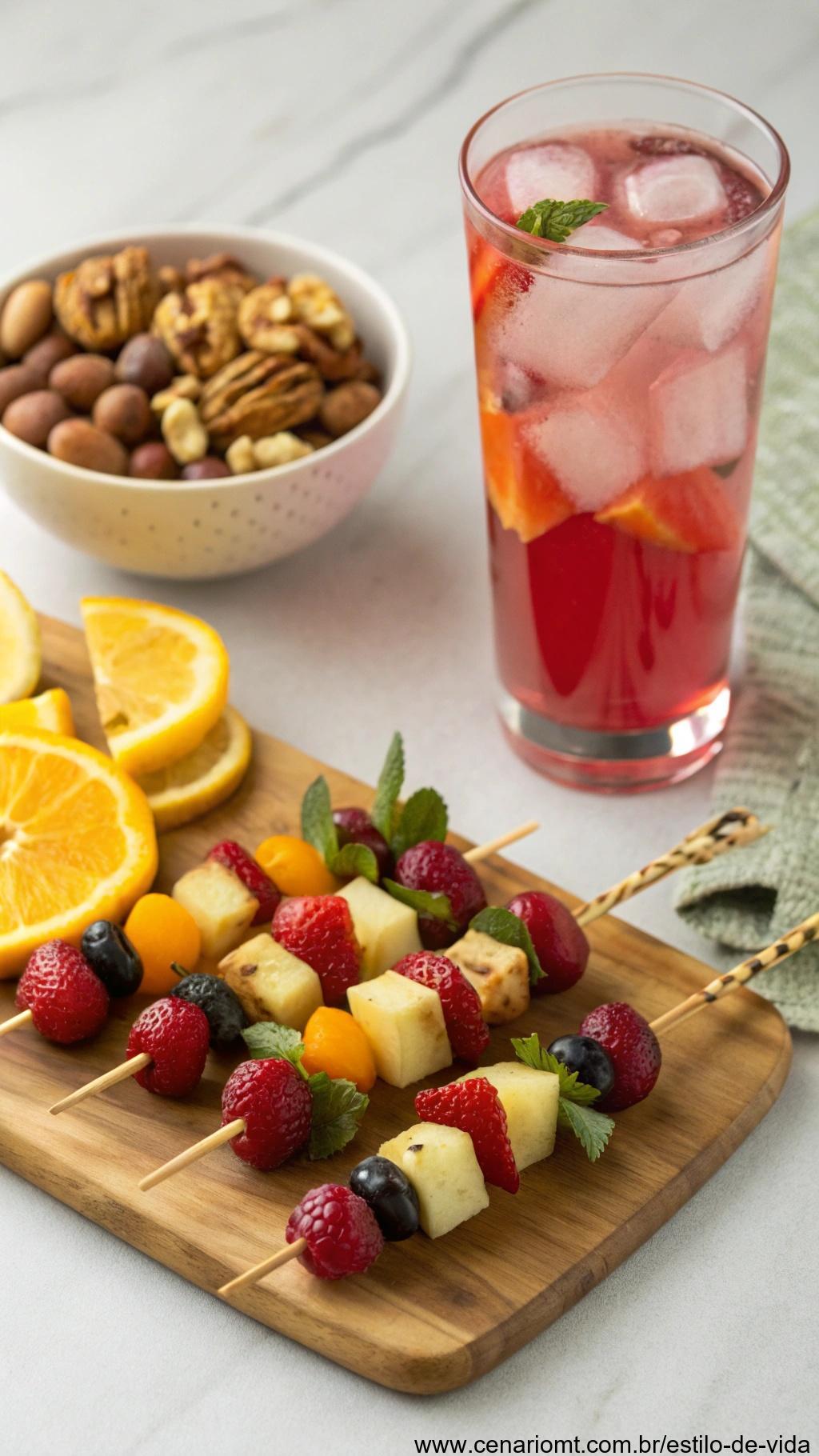 Limonada de hibisco acompanhada de espetinhos de frutas e nozes.