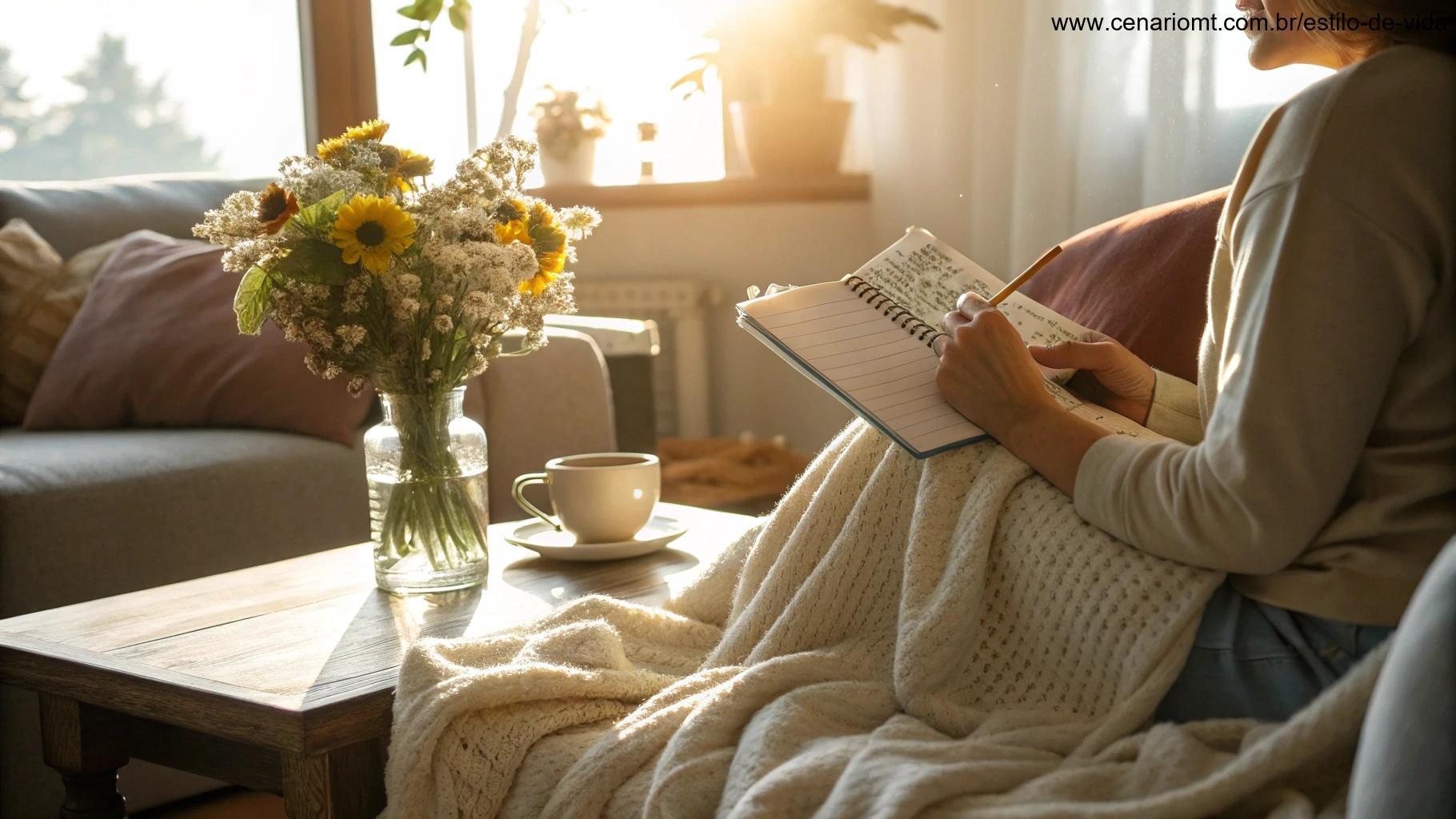 Cenário alegre de manhã com uma pessoa segurando um diário de gratidão, luz do sol iluminando um quarto aconchegante com flores frescas em um vaso.