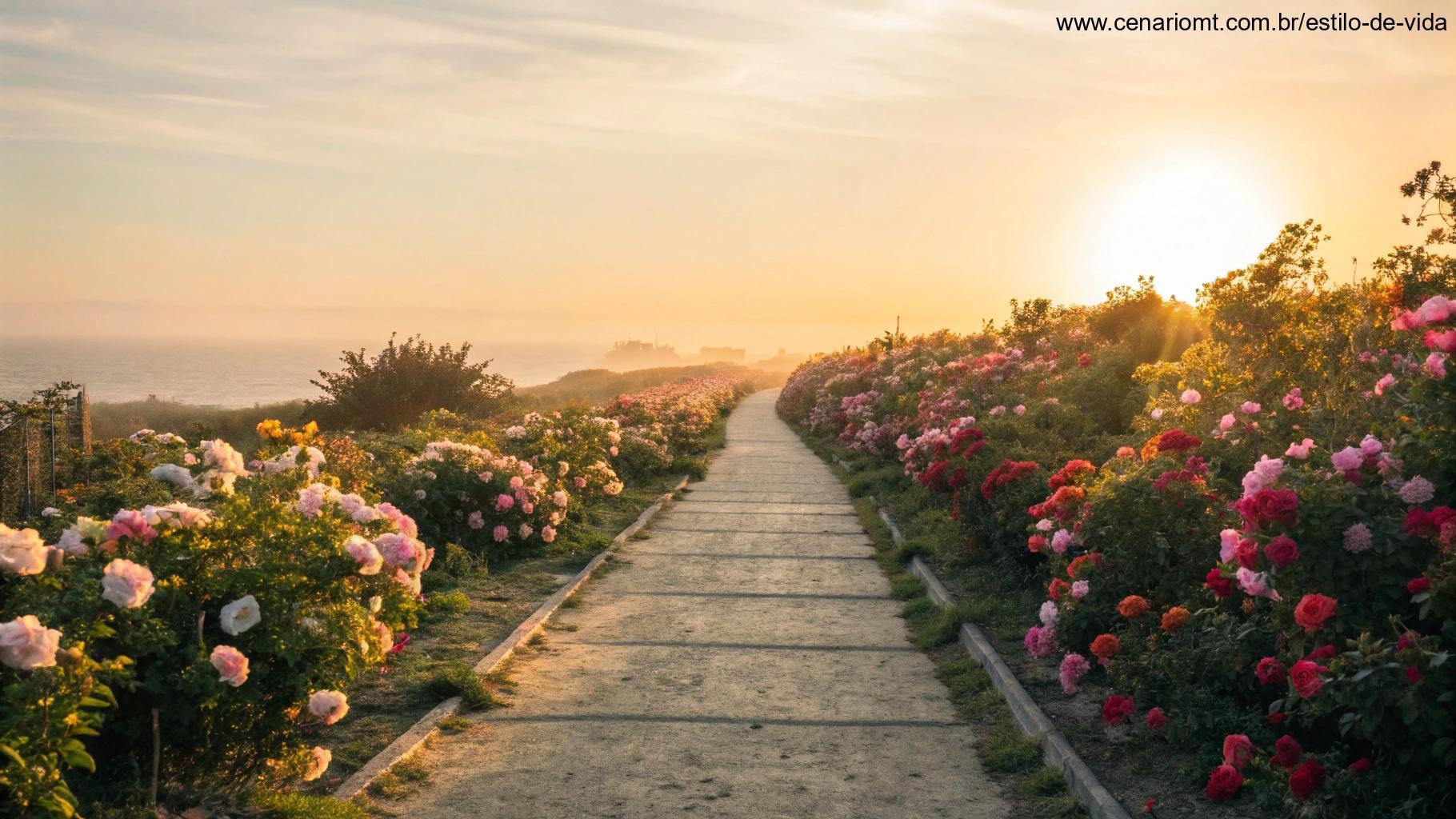 Caminho tranquilo com flores desabrochando, levando a um horizonte brilhante, simbolizando esperança e propósito.