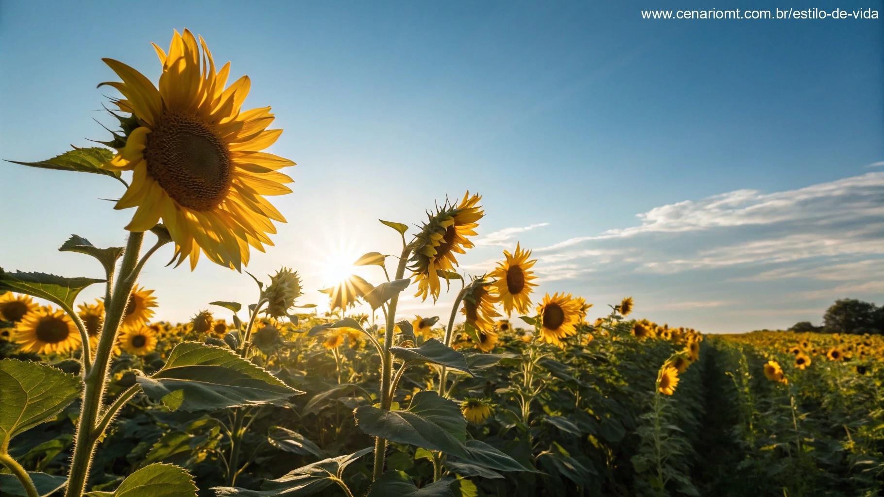 Campo vibrante de girassóis voltados para o sol da manhã, simbolizando boas vibrações e energia positiva.
