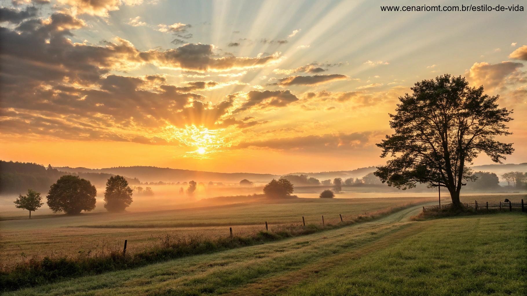 Amanhecer suave sobre um campo tranquilo, com tons dourados aquecendo o céu e feixes de luz tocando a terra.