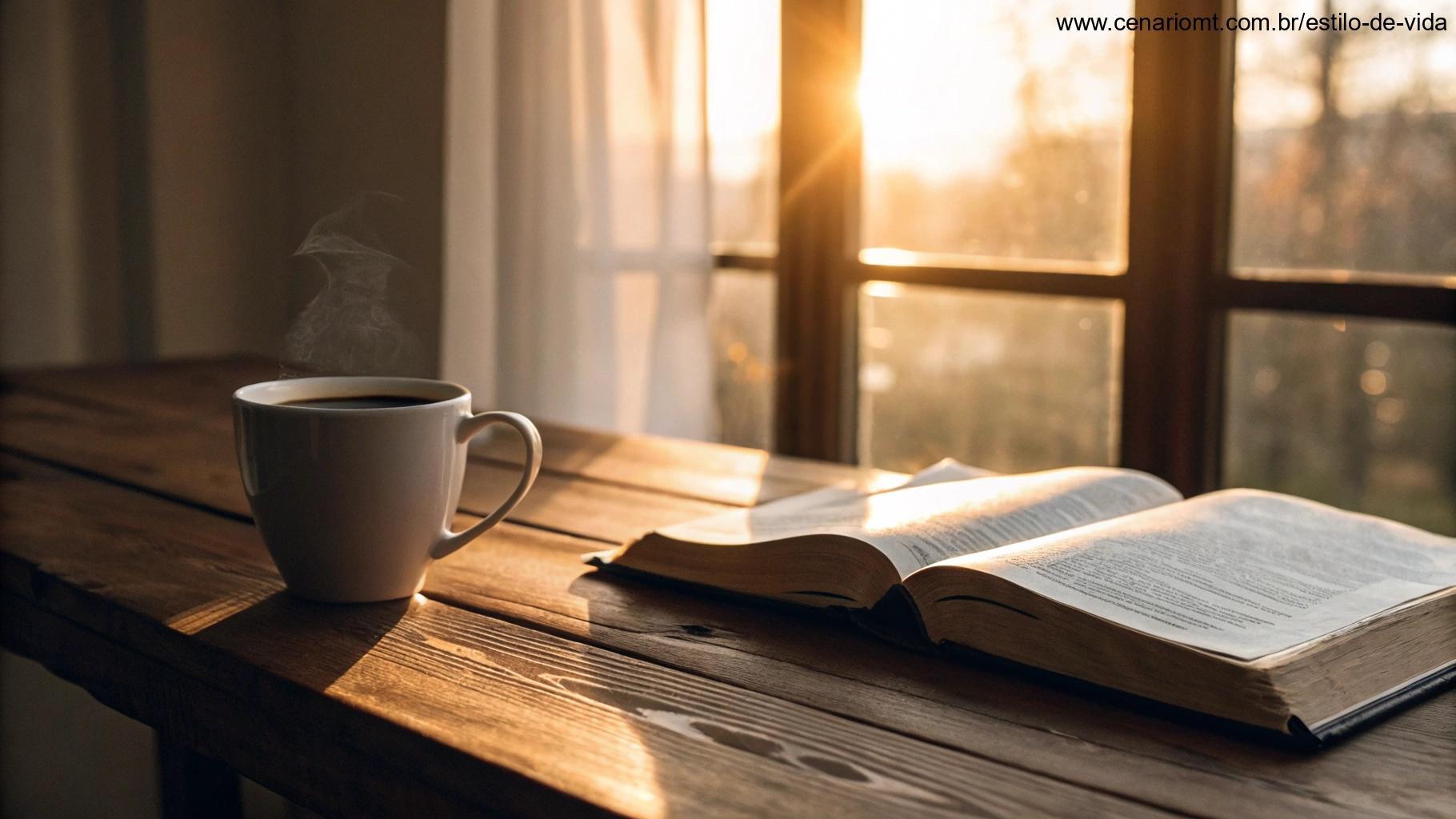 Cena tranquila da manhã com uma xícara de café sobre uma mesa de madeira, uma Bíblia ao lado e uma luz suave preenchendo o ambiente, simbolizando gratidão.