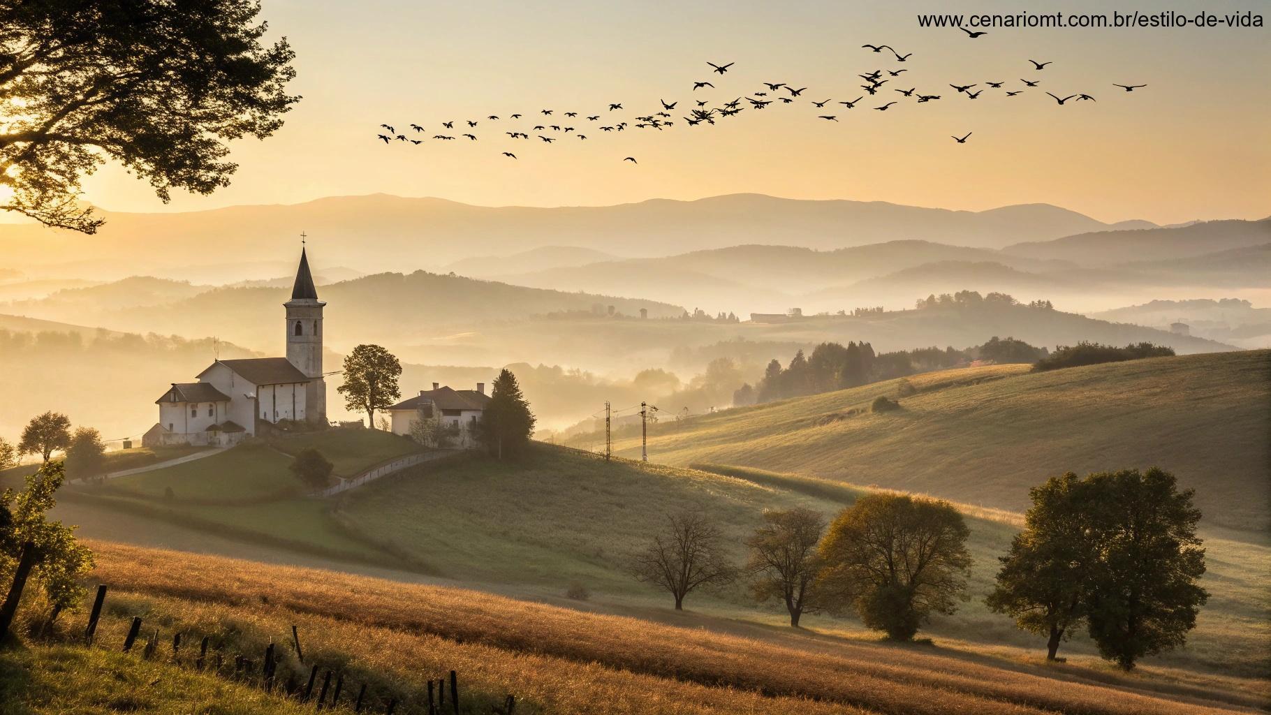 Imagem de campo tranquilo com igreja ao longe e nascer do sol transmitindo fé e esperança.