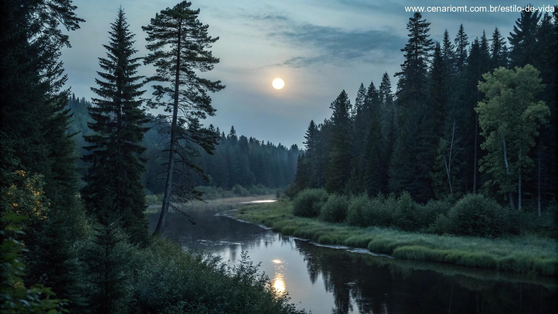 Uma paisagem tranquila com a luz suave da lua iluminando uma floresta e refletindo no rio abaixo.