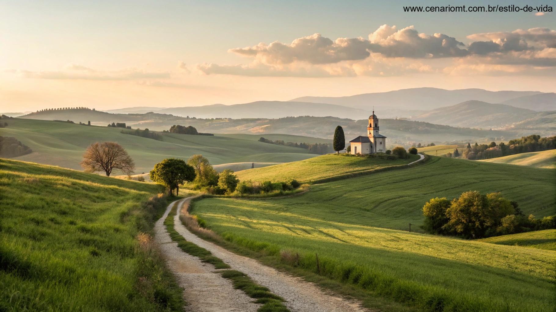Paisagem tranquila com colinas suaves e um caminho levando a uma igreja, simbolizando reflexão e crescimento espiritual.