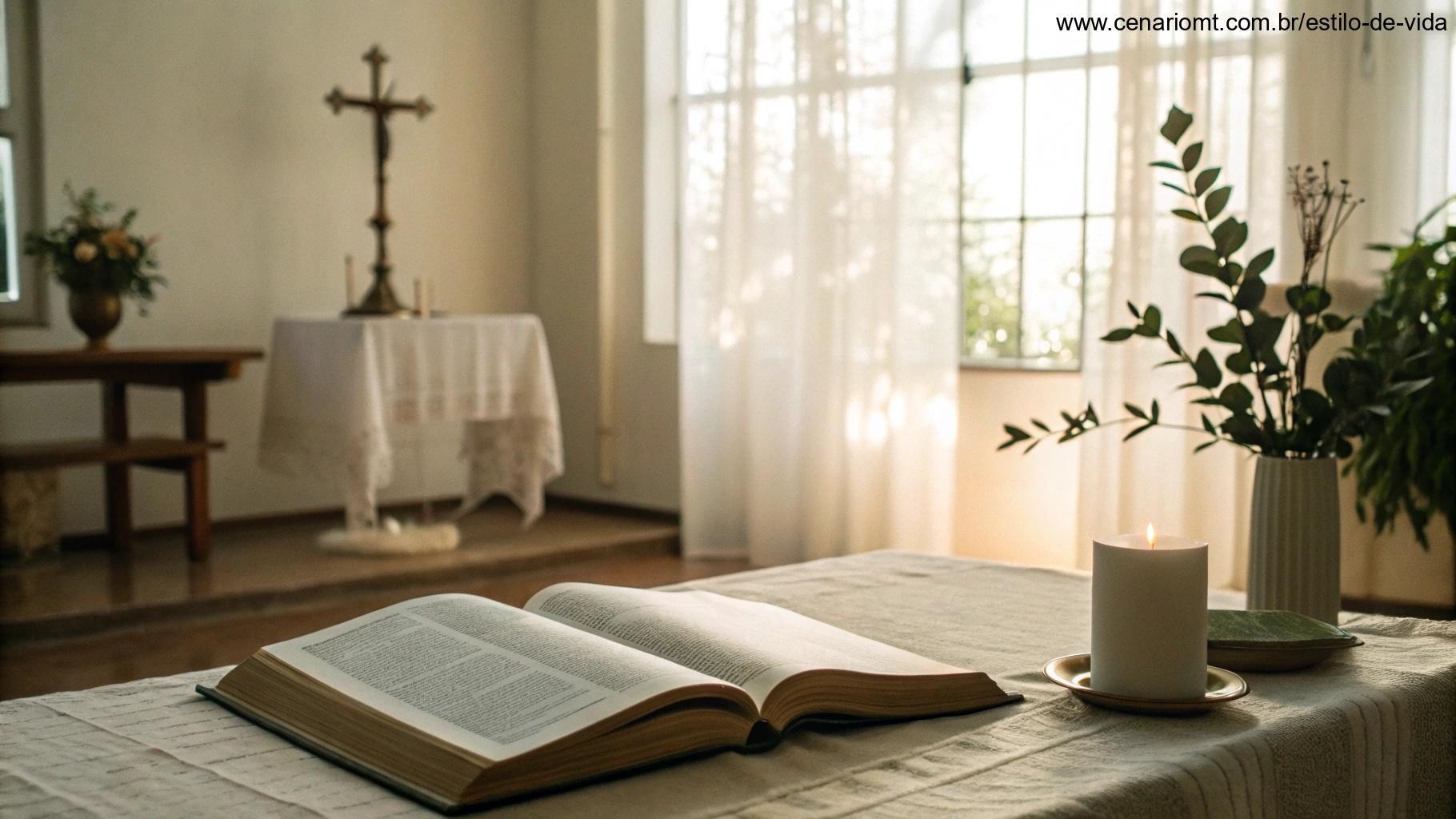 Um quarto tranquilo e pacífico com uma Bíblia aberta sobre uma mesa, rodeada por uma luz suave e uma atmosfera calma, refletindo transformação espiritual.
