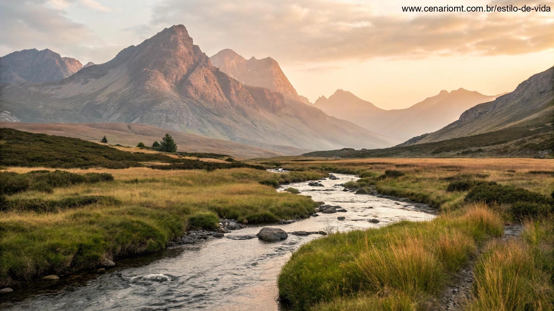 Paisagem linda com montanhas ao fundo e um riacho fluindo tranquilamente, simbolizando a transformação pela Palavra de Deus.