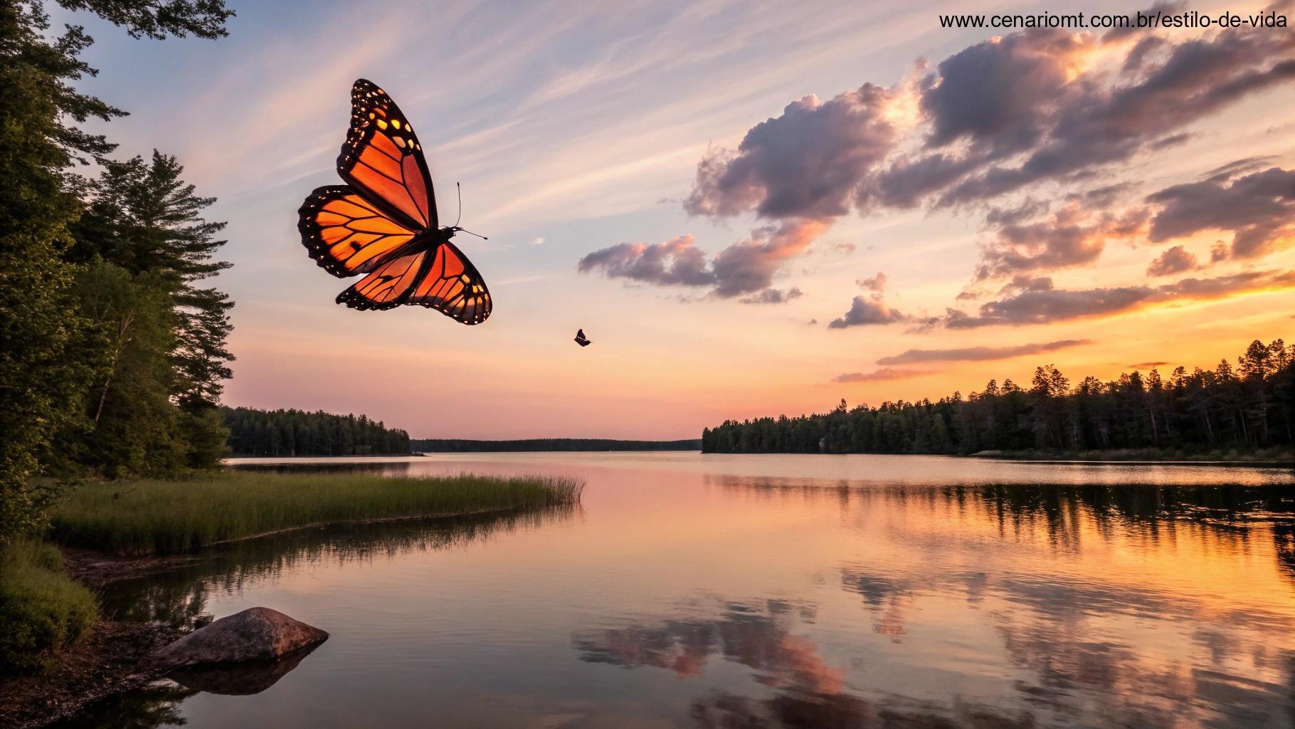 Uma borboleta voando graciosamente acima de um lago tranquilo ao pôr do sol, simbolizando a transformação de uma fase da vida para outra, com cores refletindo a harmonia entre mudança e crescimento.