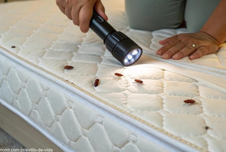 Imagem de um colchão com sinais visíveis de percevejos de cama sendo inspecionado com uma lanterna.